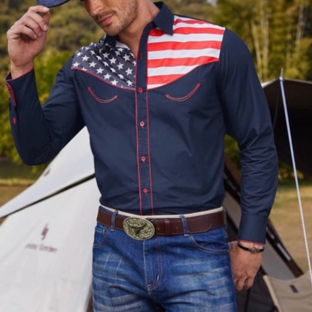 Coofandy Patriotic Stars & Stripes Shirt XL Button Front Western Cowboy
